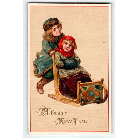 Vintage 1915 Christmas New Year Postcard Children on Sled Blodgett Boston German - Picture 1 of 2